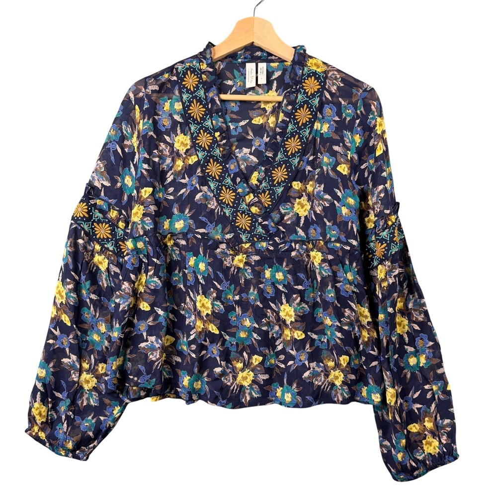 Meadows Rue Anthropologie Navy Floral Embroidered Beaded Peplum Blouse Small
